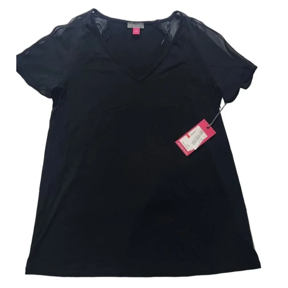 Vince Camuto Black Top With Sheer Slit‎ Short Sleeves Size XS